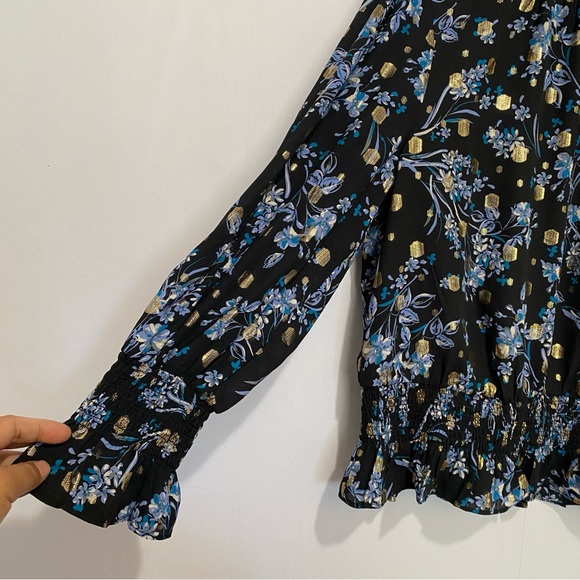 Meraki Black Floral Metallic Ruffle Long Sleeve Blouse Women’s XL Preppy Office - Picture 2 of 10